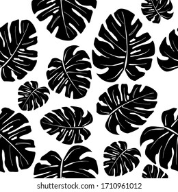 Bright pattern of monstera leaves. Creates an atmosphere of tropics, summer and relaxation. Suitable for printing on fabric and stationery.