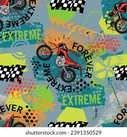 Bright pattern with motorcycles. seamless grunge background for guys. Modern background in urban style. For textiles, bedding, fashion and sportswear.