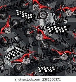 Bright pattern with motorcycles. seamless grunge background for guys. Modern background in urban style. For textiles, bedding, fashion and sportswear.