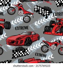 Bright pattern with motorcycles, sport car and bolid seamless grunge background for guys. Modern background in urban style. For textiles, bedding, fashion and sportswear.