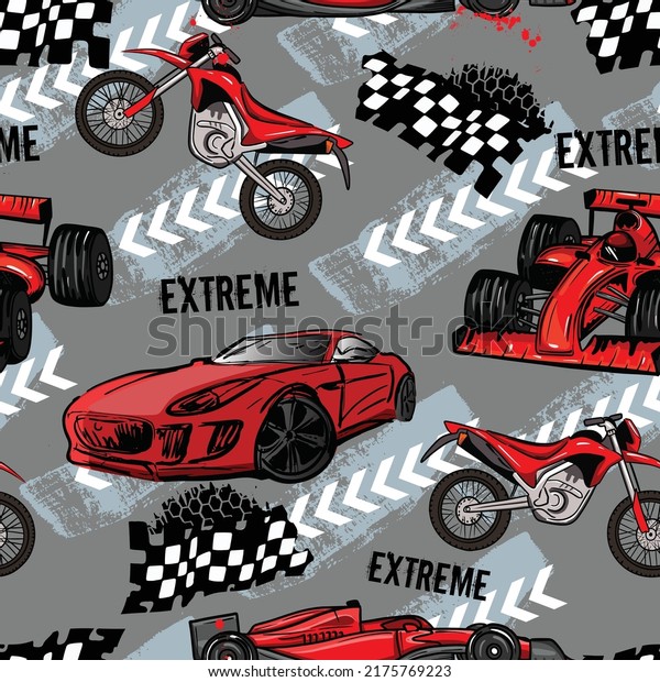Bright pattern
with motorcycles, sport car and bolid seamless grunge background
for guys. Modern background in urban style. For textiles, bedding,
fashion and sportswear.