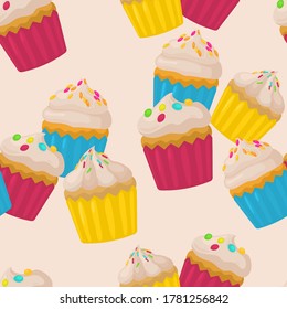 Bright pattern with muffins. Birthday background. Vector.