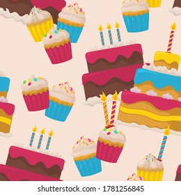 Bright pattern with muffins and cakes. Birthday background. Vector.