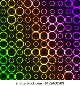 Bright pattern of neon circles. Abstract background with violet and green tech geometric rings. Glowing iridescent vector design