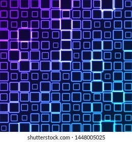 Bright pattern of neon squares. Abstract background with blue and violet tech geometric shapes. Glowing iridescent vector design