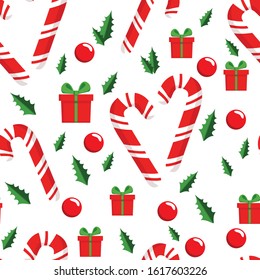 Bright pattern on a Christmas theme. Consists of a candy cane, gift, stars, red berries and holly. Suitable for creating holiday packaging, textiles, postcards and more.
