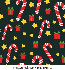 Bright pattern on a Christmas theme. Consists of a candy cane, gift, stars, red berries and holly. Suitable for creating holiday packaging, textiles, postcards and more.