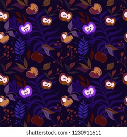 bright pattern on a dark background, twisted branches of an apple tree, bitten off by the fruit. seamless vector pattern