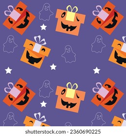 Bright pattern on a purple background with the image of gifts, ghosts and stars, Halloween. Vector illustration EPS10