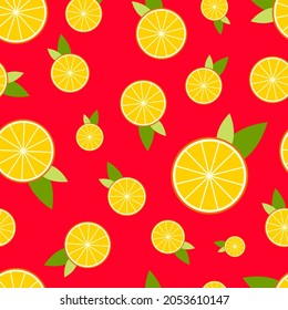 Patrón luminoso con naranjas sobre un fondo rojo