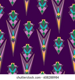 Bright pattern with peacock feathers on a purple background.