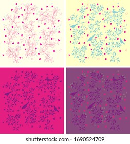 Bright pattern in pink. Birds and bushes with small hearts. Vector graphics.