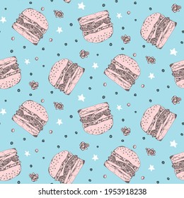 Bright pattern with pink burgers on blue