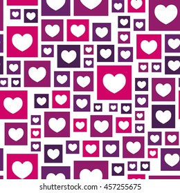 Bright pattern with pink and purple squares and hearts on the white background