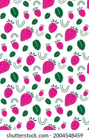 Bright pattern with pink strawberry and leaves. Seamless vector print for fabric, cover paper, wallpapers, web.