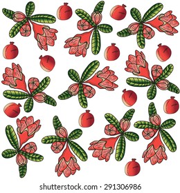 Bright pattern with pomegranate flowers and fruits. Vector illustration for textile design, wallpaper, web design and other.