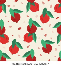 A bright pattern with pomegranates, leaves and fruit pits on the background. Vector seamless pattern in a flat style. Summer textile print, wrapping paper, holiday wrap.