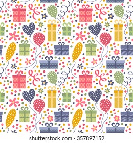Bright pattern with presents, balloons and streamers.