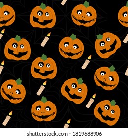 Bright pattern of pumpkin candles on a black background Halloween holiday