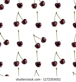 A bright pattern of realistic cherries. The idea of a modern design of packaging, tiles, textiles, wallpaper, background. Placer of fresh fruits