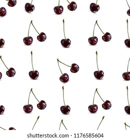 A bright pattern of realistic cherries. The idea of a modern design of packaging, tiles, textiles, wallpaper, background. Placer of fresh fruits