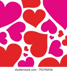 Bright pattern with red and pink random size hearts on white background. Ornament for Happy Valentine's Day or wedding design. Vector EPS 10