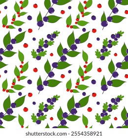 Bright pattern with rowan, blueberries and green leaves