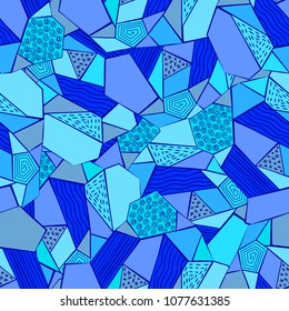A bright pattern. Sample packaging. Modern background. Blue geometric shapes with stars and swirls.