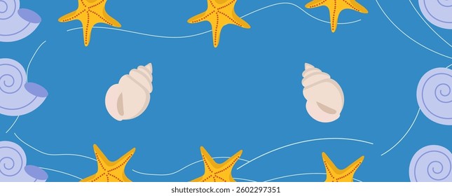Bright pattern with scattered seashells and starfish on a blue background. The illustration with seashells and starfish scattered on a blue background is reminiscent of a summer beach theme