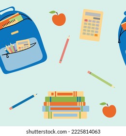 Bright pattern. School backpack with school supplies and books. Bright flat vector illustration in cartoon style.