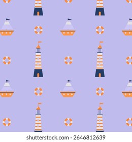 Bright pattern with a ship and a lighthouse for textiles and clothing