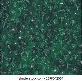 Patrón luminoso con flores pequeñas sobre fondo con hojas 