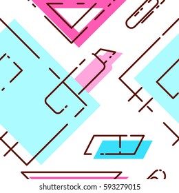 Bright pattern of stationery. Seamless pattern with notebook, ruler, stationery knife, eraser. The pattern in pastel shades