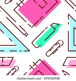 Bright pattern of stationery. Seamless pattern with notebook, ruler, stationery knife, eraser. The pattern in pastel shades.