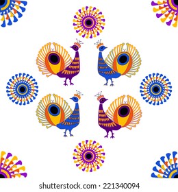 Bright pattern with stylized birds and circles.