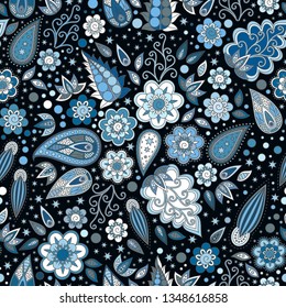 Bright pattern with stylized flowers and leaves in blue colors. Vector seamless design.