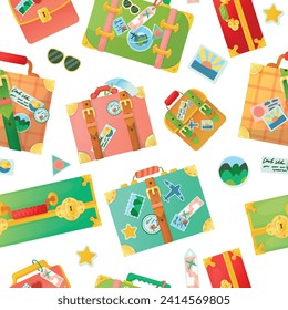 Bright pattern of suitcases. Personal baggage. Hand luggage. Travel bag. Things for vacation. Seamless pattern vector illustration