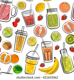 Bright pattern with summer fruits ( lemon, lime, orange, kivi, grapefruit  and bananas) and smoothies.