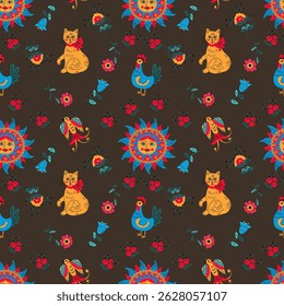 Bright pattern with sun, flowers and cat in Russian folk style