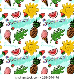 Bright pattern with sun, watermelon, strawberries, ice cream and handwritten summer inscription. Seamless vector pattern.