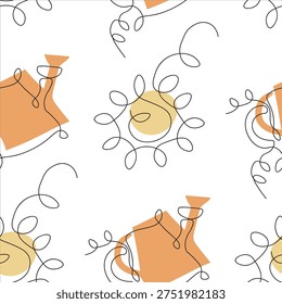 Bright pattern of suns, watering cans, and raindrops on a white background showing gardening and nature themes during summer