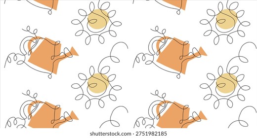 Bright pattern of suns, watering cans, and raindrops on a white background showing gardening and nature themes during summer
