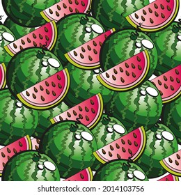 A bright pattern with sweet watermelons. Watermelons are round, watermelon slices, Seamless background.