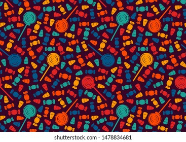 Bright pattern with sweets. Halloween holiday background. Trick or treat wallpaper. Repeated candy silhouettes print. Kids scrapbook digital paper, textile print, page fill. Vector illustration