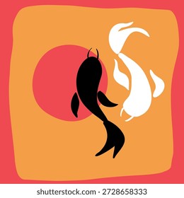 A bright pattern of swirling koi fish on a yellow and red background
