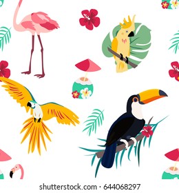 Bright pattern with toucan parrot, flamingo, parrot, cocktail and leaves. Exotic seamles pattern for swimwear, textile, fabric, invitations