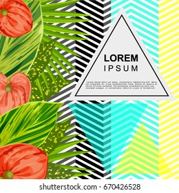 Bright pattern with triangle and tropical leaves and flovers. 