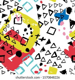 
Bright pattern with triangles, squares, splashes of paints. Ideal for bags, business card banners, Printing on clothes and fabrics, book covers and notebooks and much more.