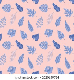 A bright pattern of tropical plants and flowers of purple color on a pink background. Seamless botanical illustration for printing on textiles, gift packaging, wallpaper, etc.