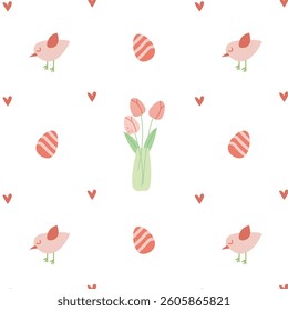 Bright pattern with tulips and a bird on a white background